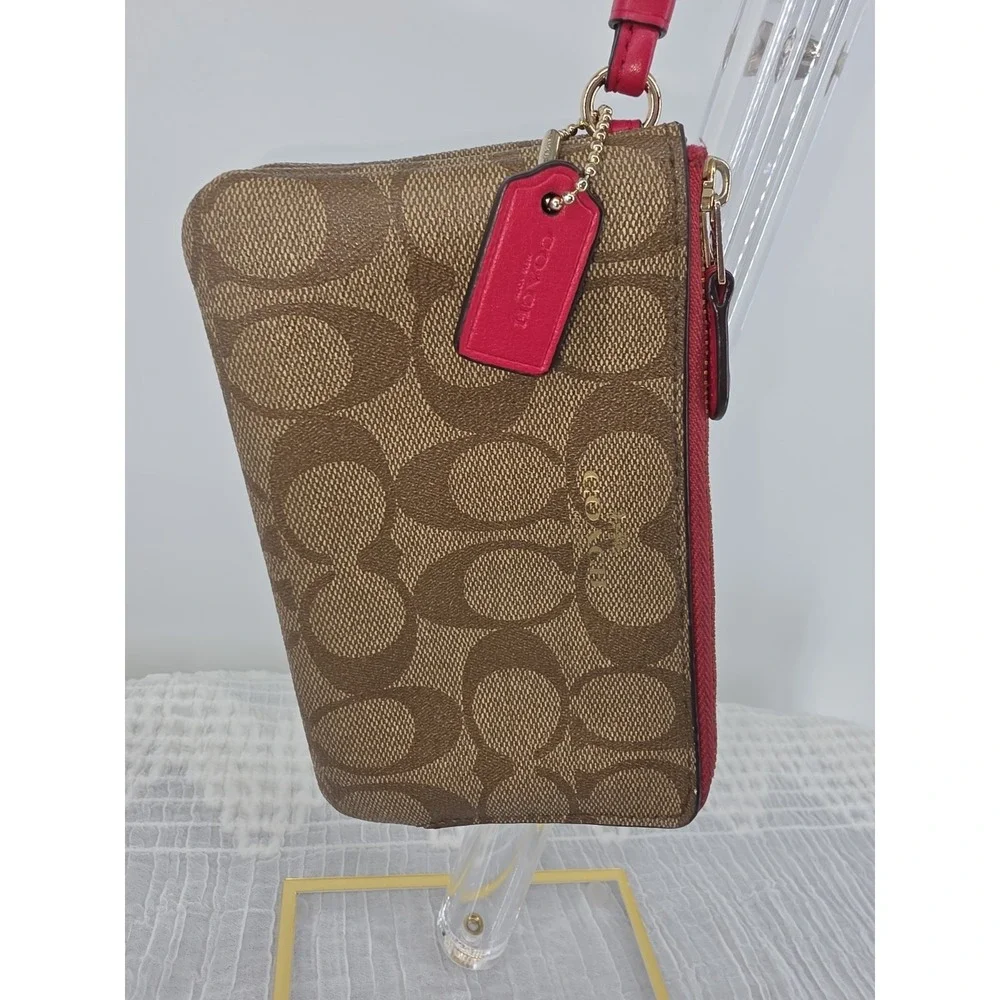 COACH Signature Leather Canvas Double Zip Wristlet F66506 Khaki/Bright Pink